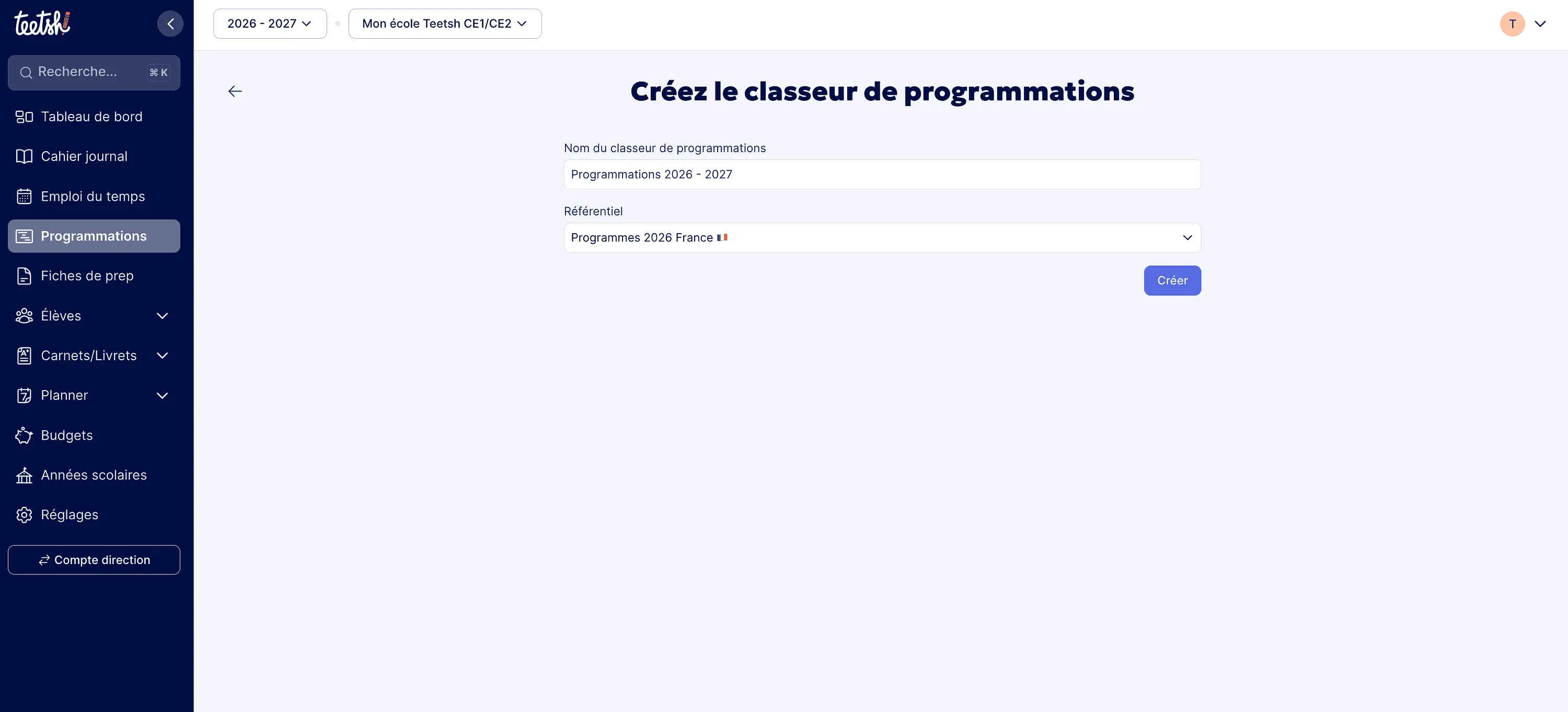 Écran de création d'un classeur de programmation