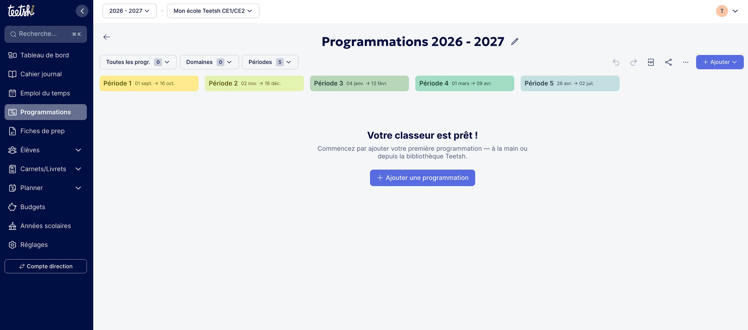 Écran de création d'une programmation