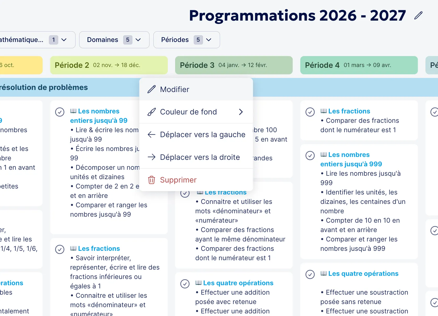 Barre d'outils pour modifier une période