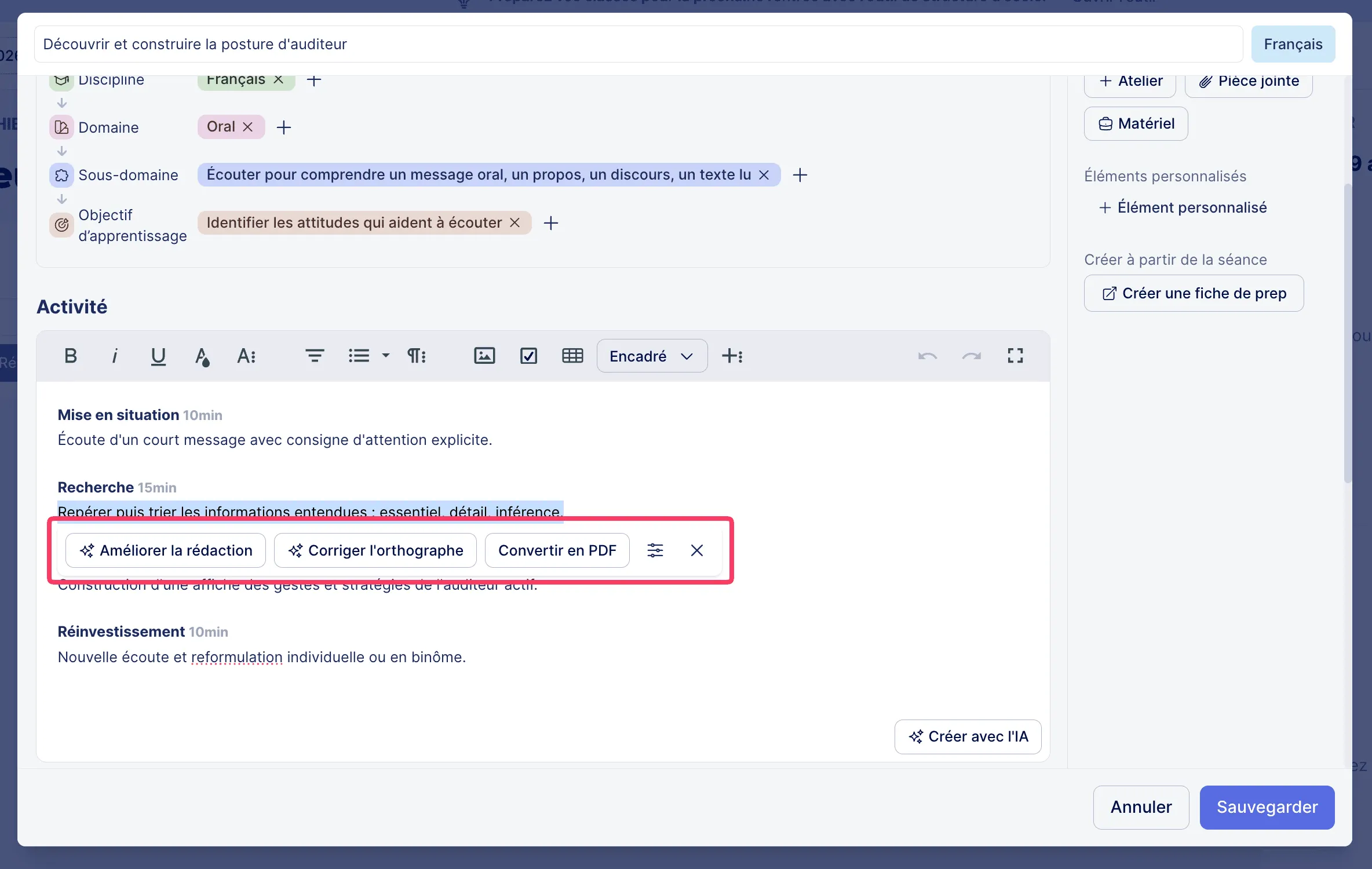 Actions contextuelles dans le Cahier journal
