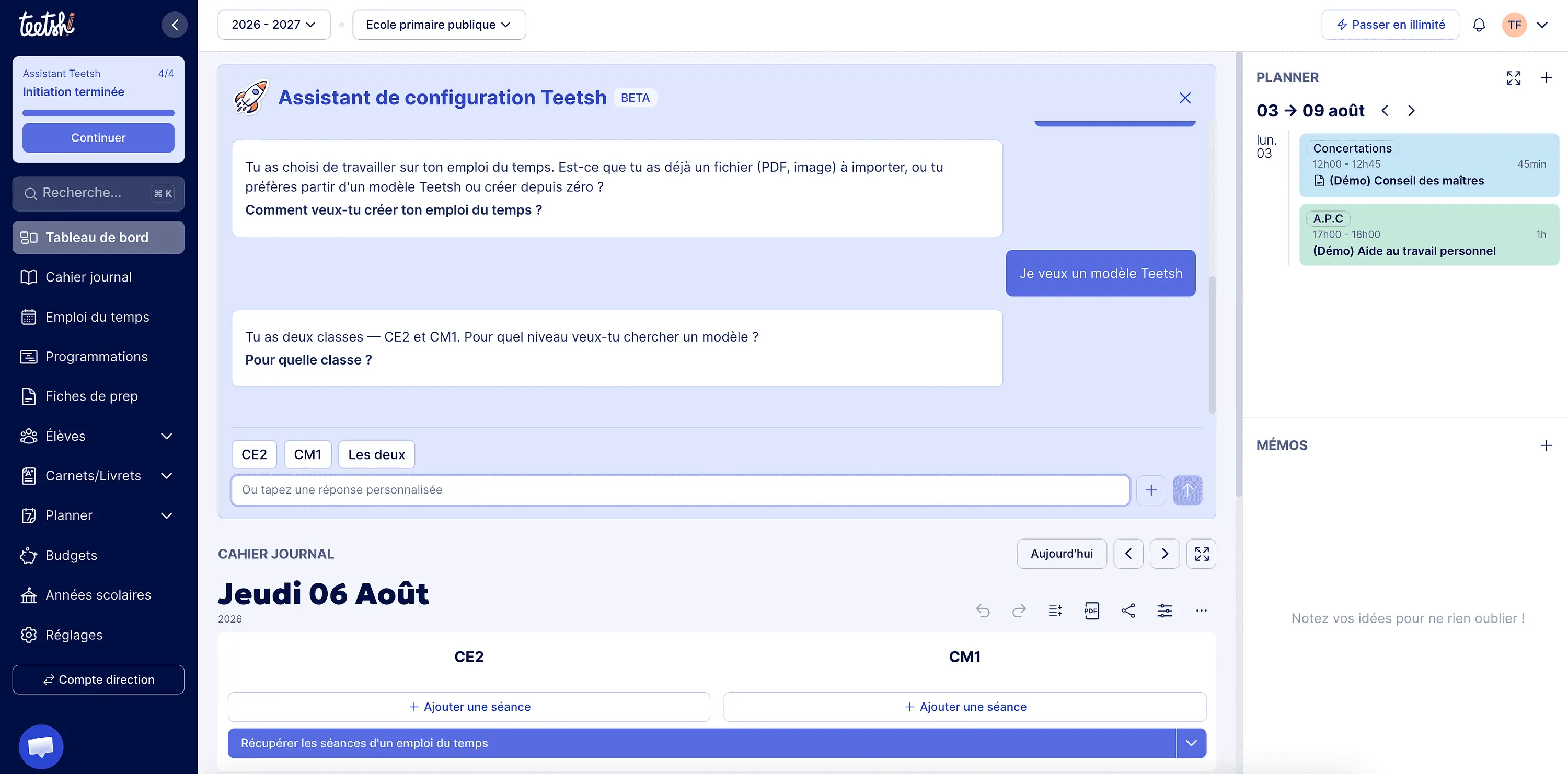 Assistant de configuration sur Teetsh