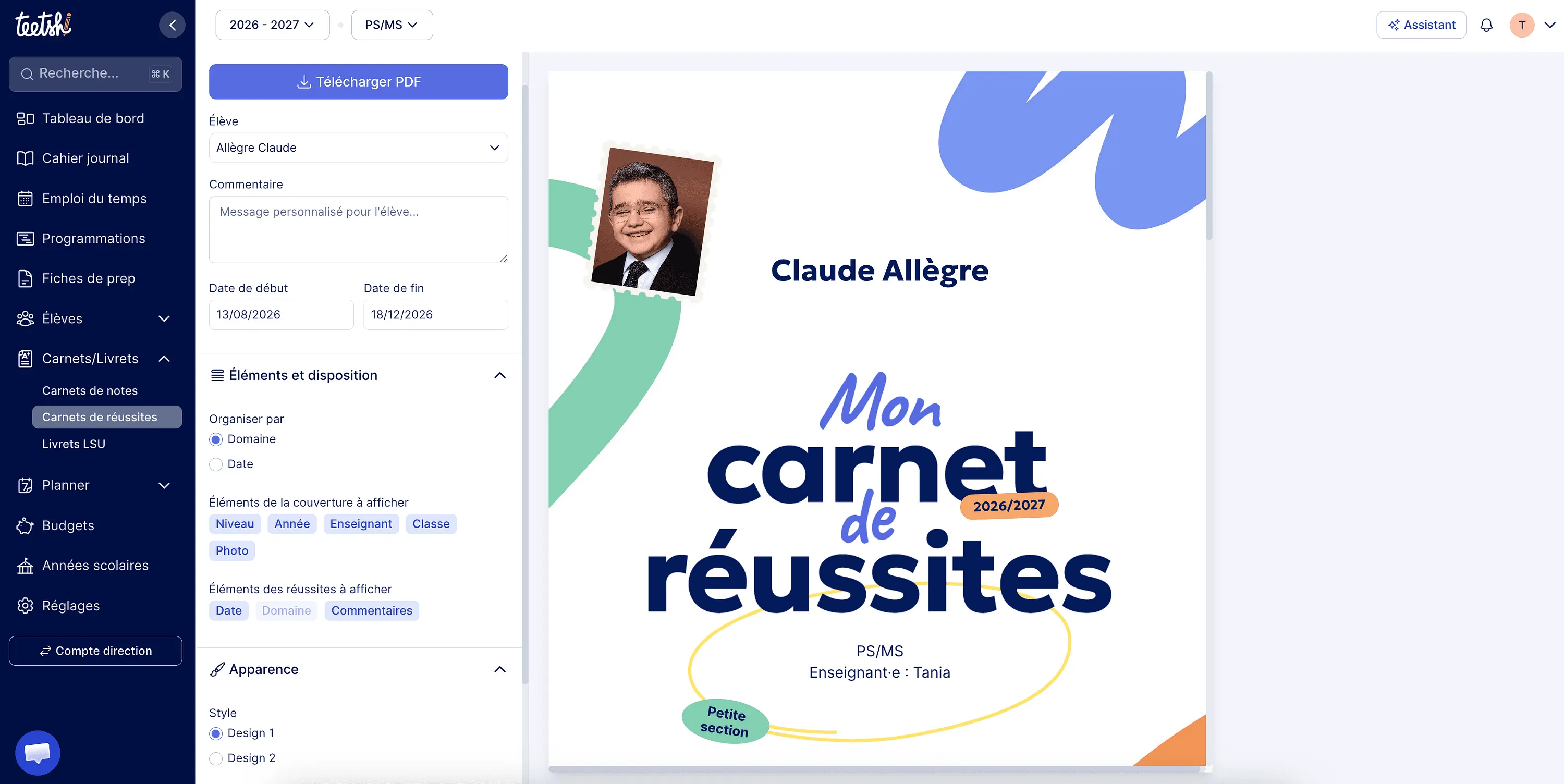 Personnaliser et télécharger le carnet de réussites