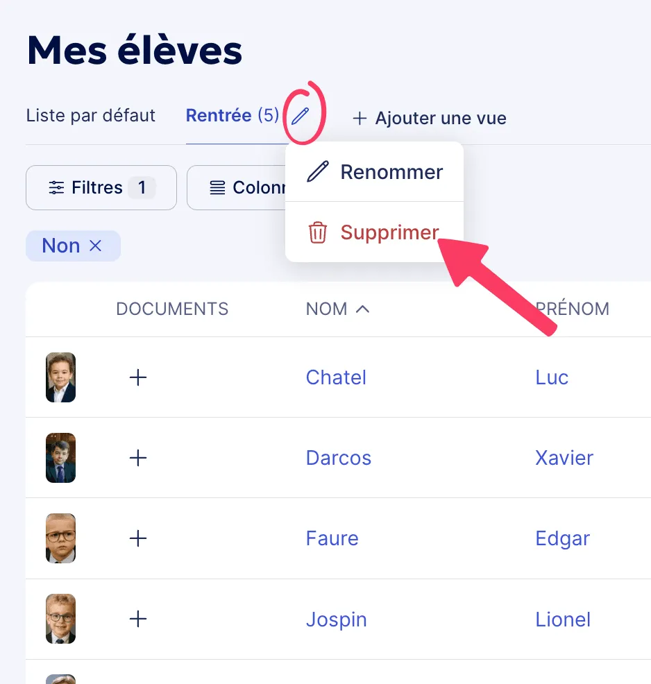 Supprimer une vue ou liste d'élèves