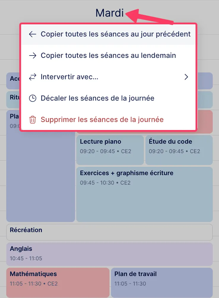 Aperçu options au clic sur une journée 