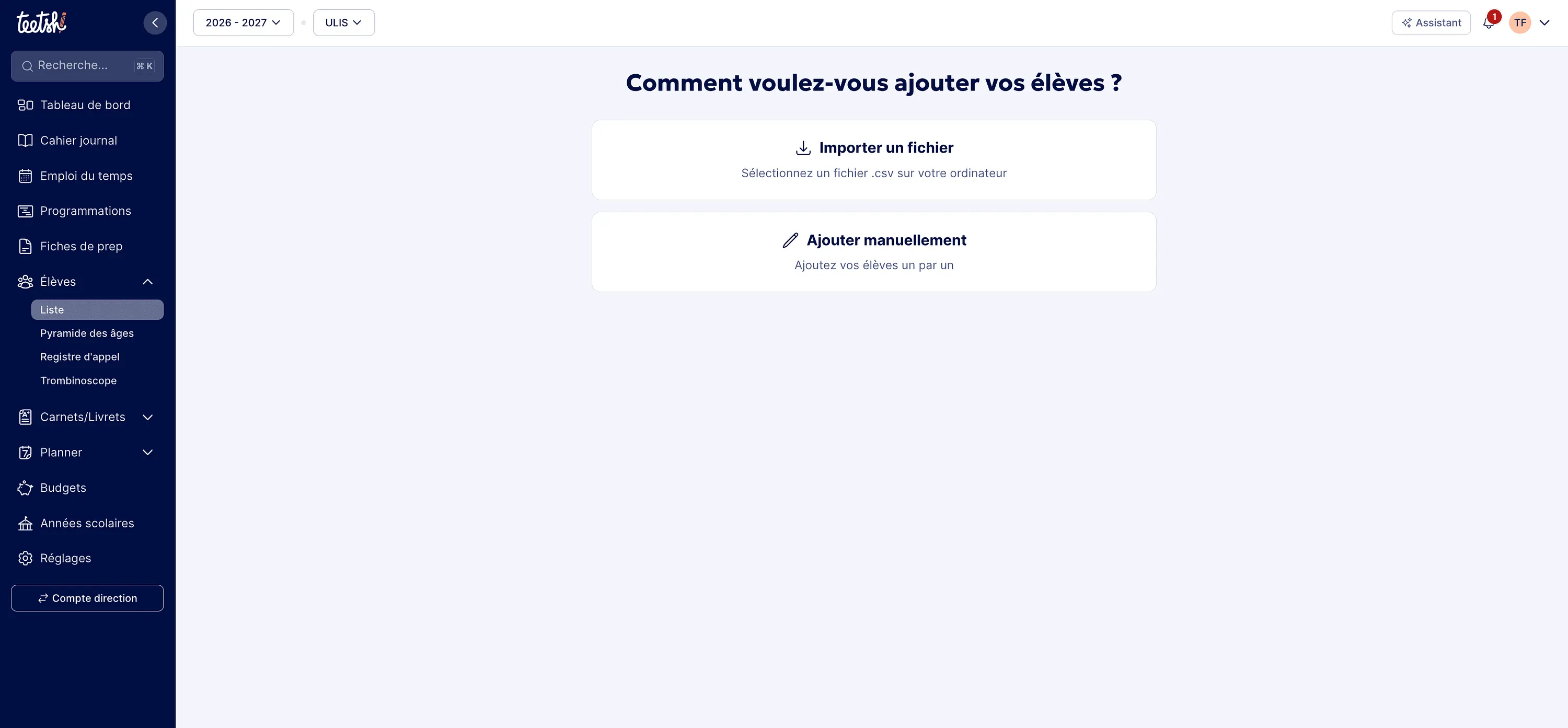 Options d'ajout d'élèves 