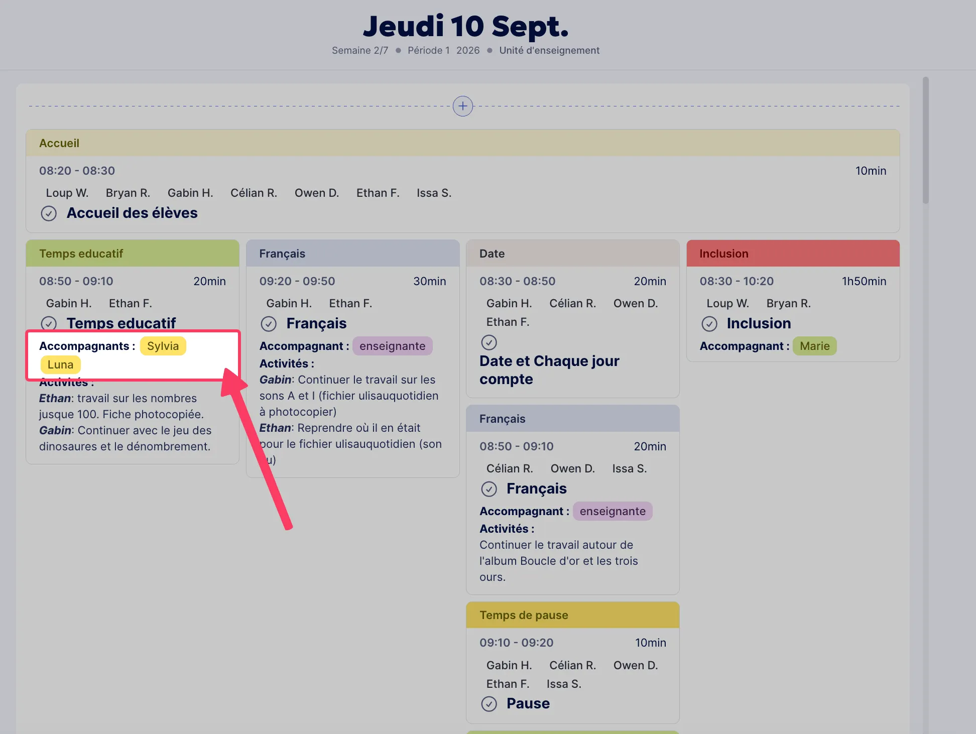 Affichages des accompagnants dans les séances 