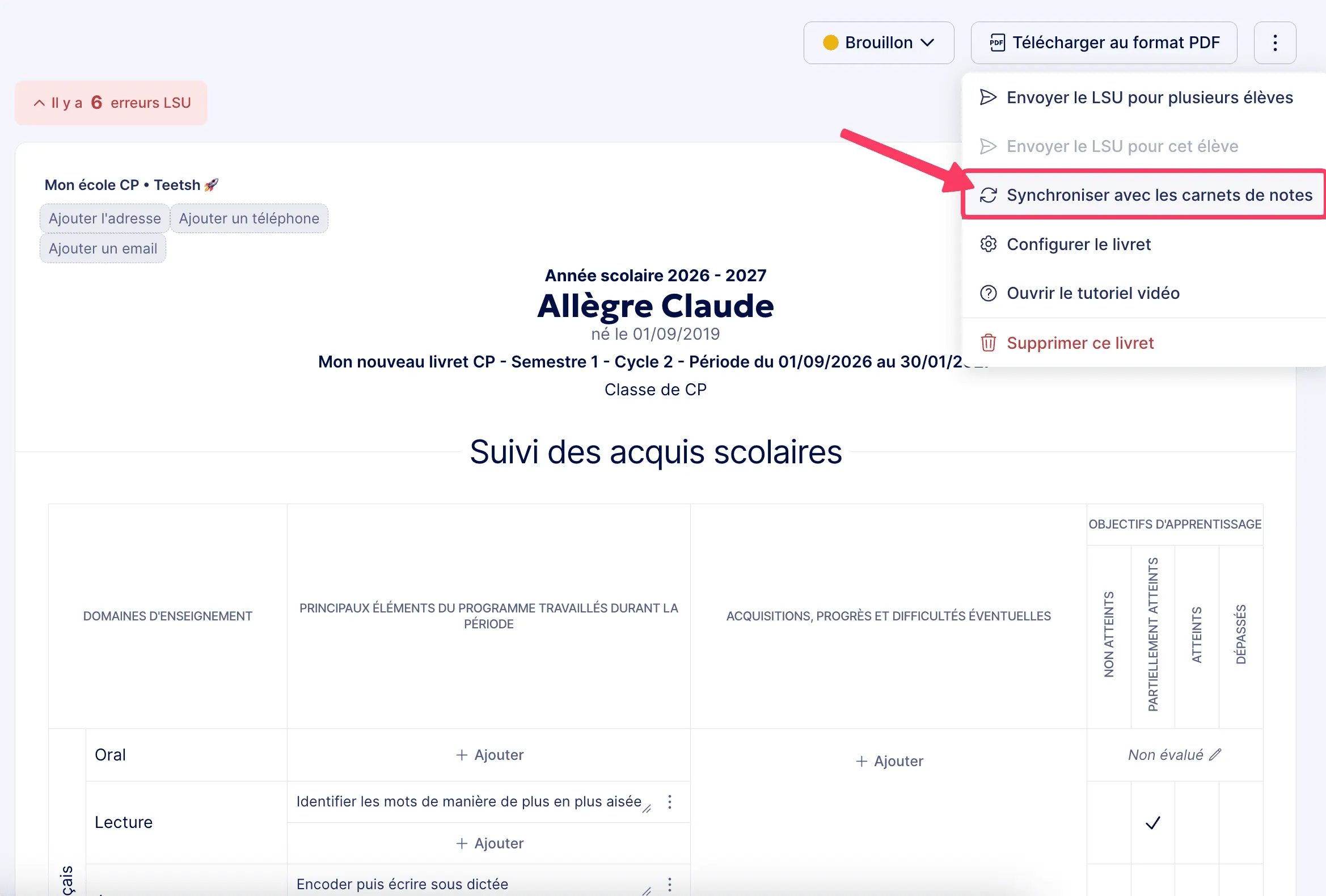 Synchroniser le livret avec le carnet de notes