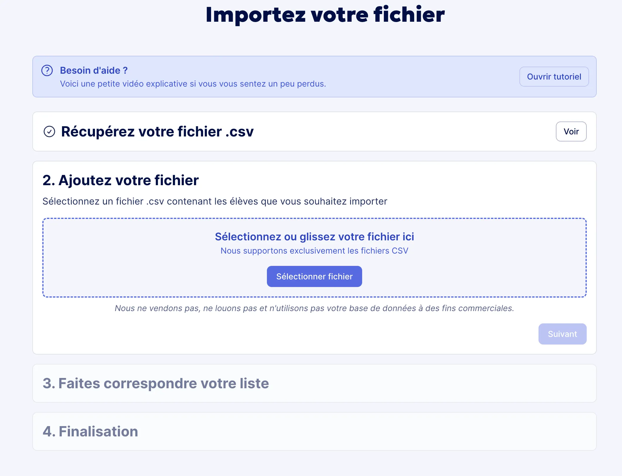 Aperçu de l'import CSV de la liste d'élèves