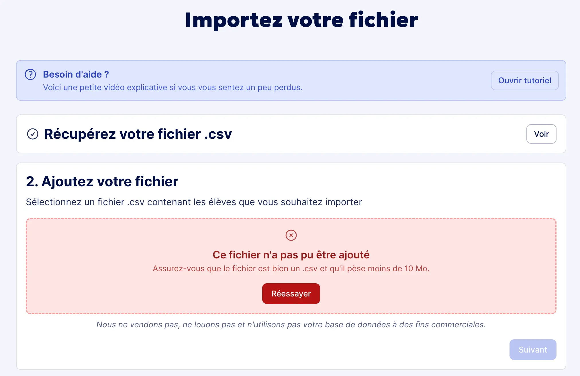 Aperçu de l'erreur d'import csv