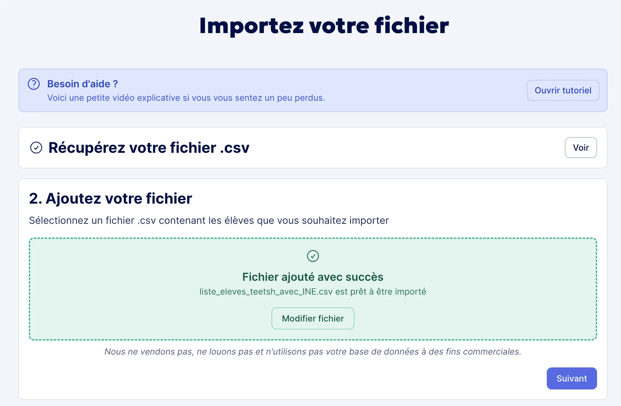 Aperçu de l'import réussi du fichier csv