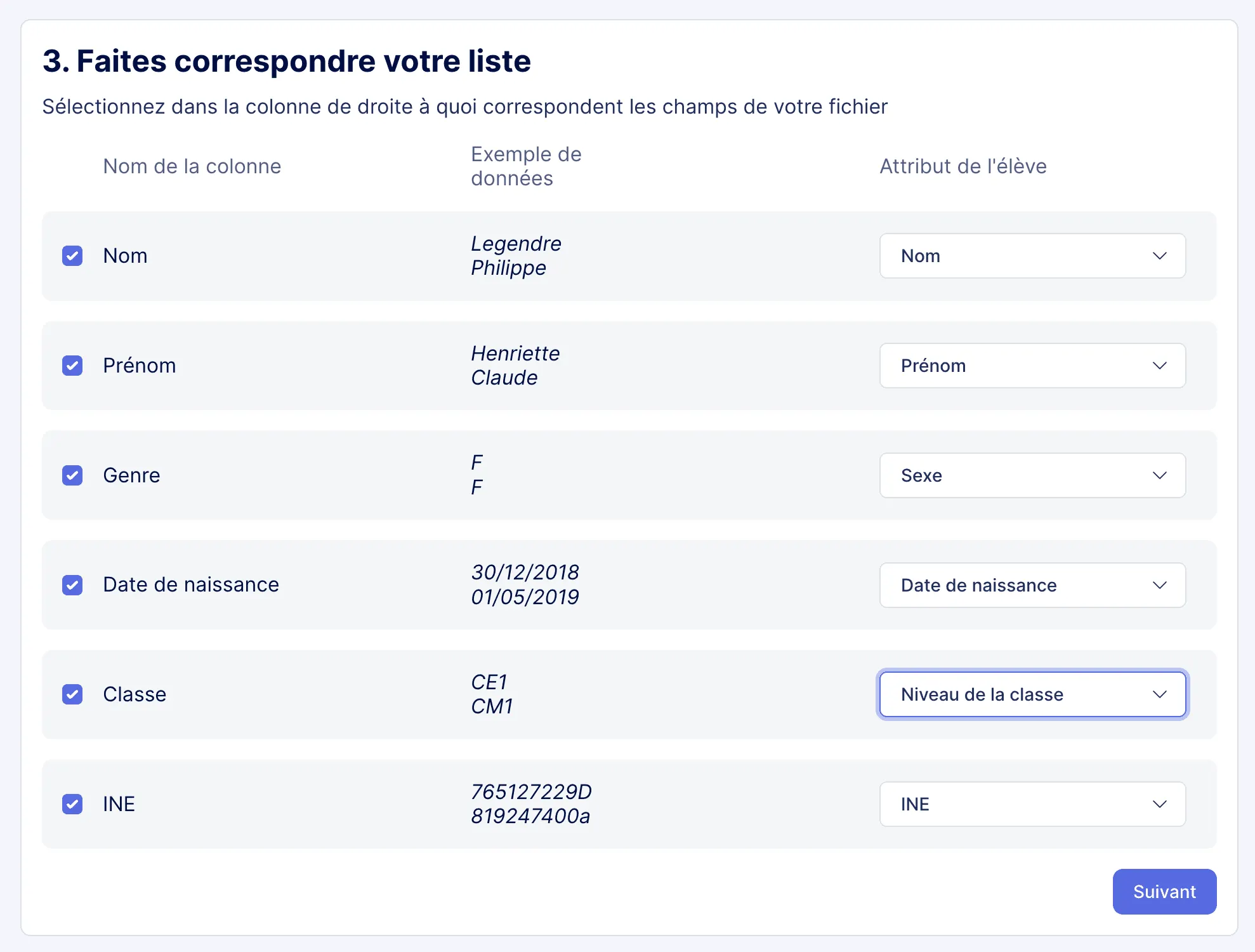 Aperçu de l'étape de correspondance de la liste d'élèves