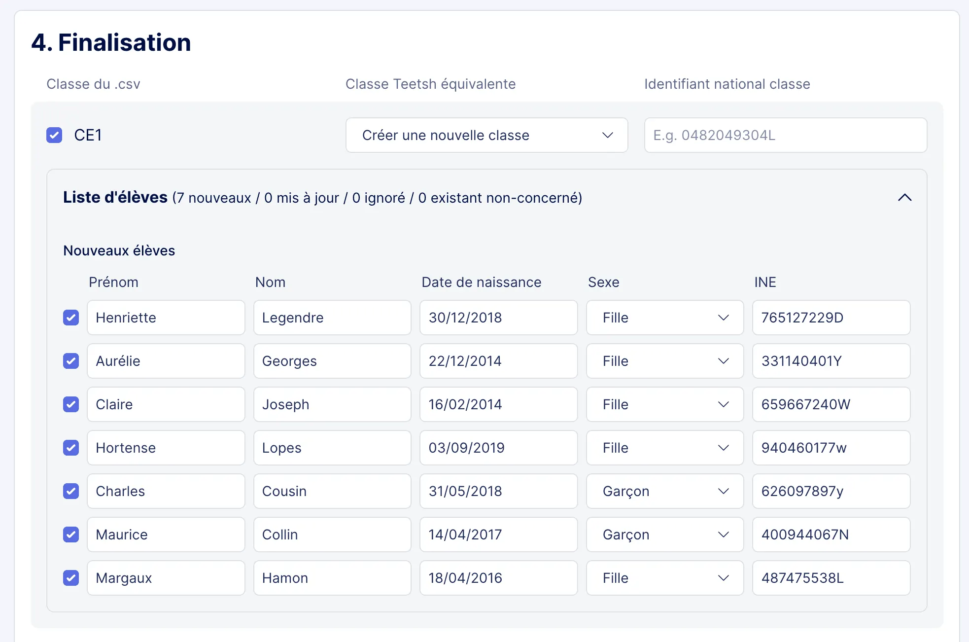 Aperçu de l'étape de finalisation de l'import de la liste d'élèves