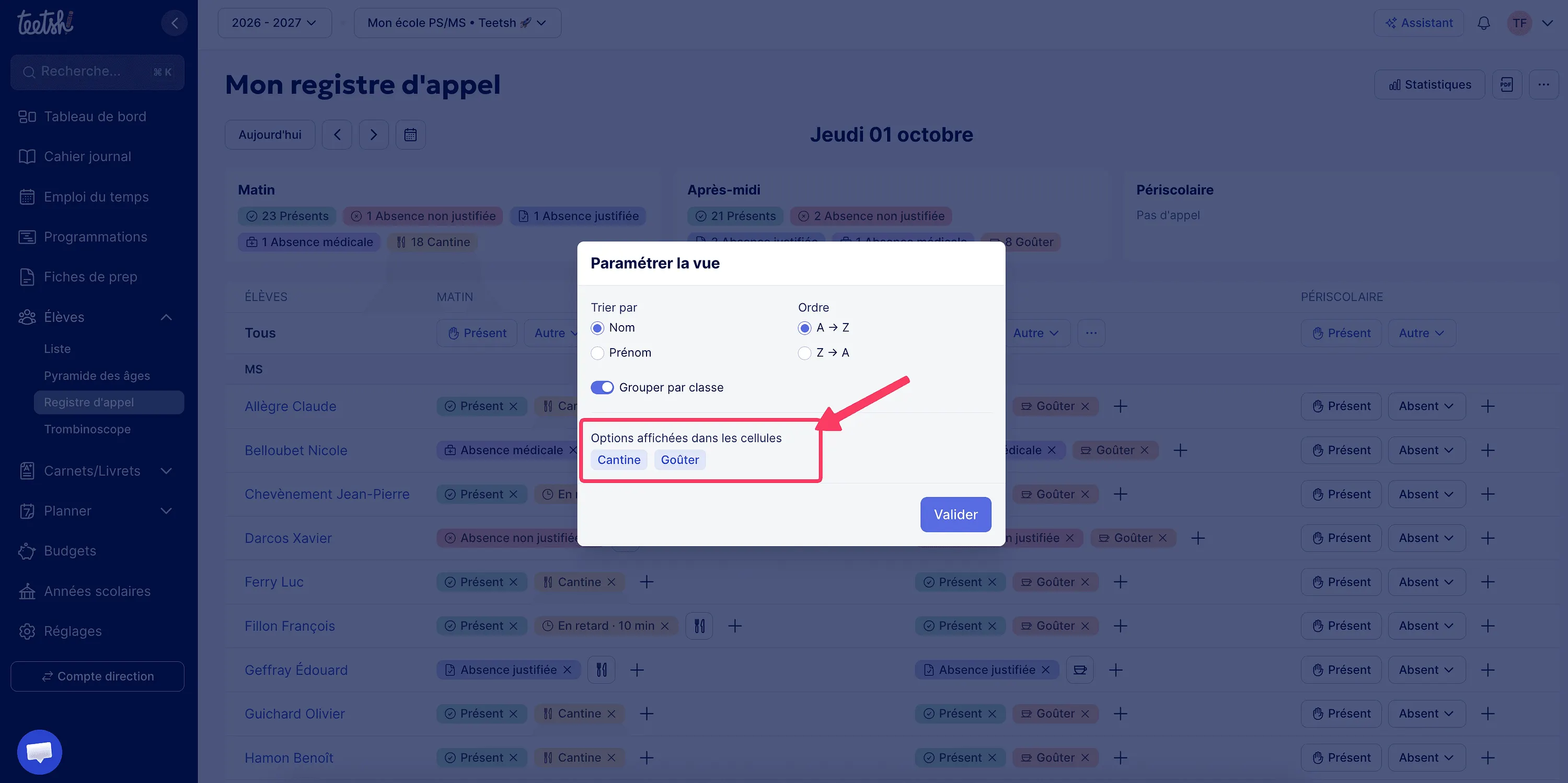Afficher les options dans le registre d'appel