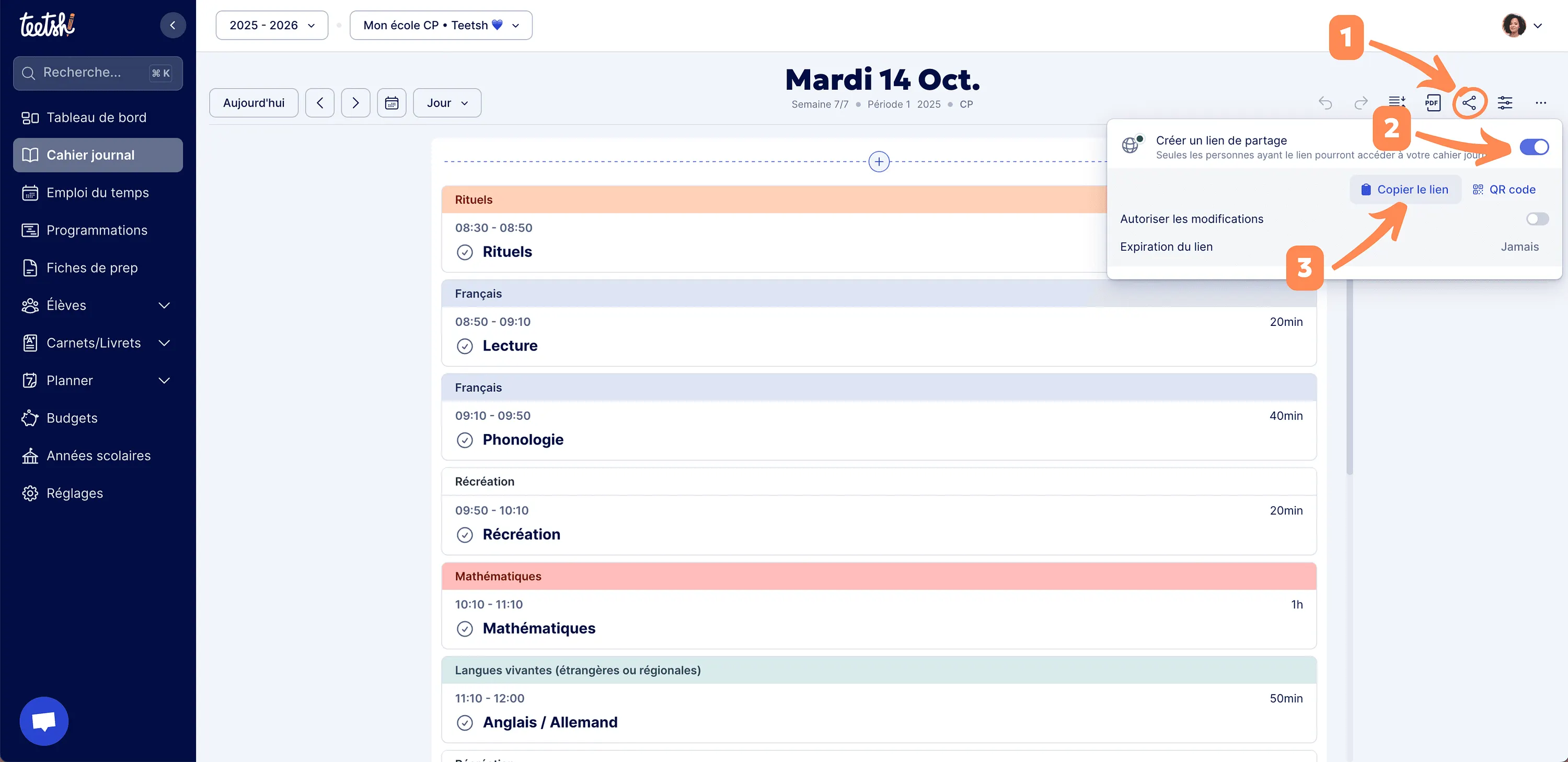 Aperçu Partage du cahier journal via un lien