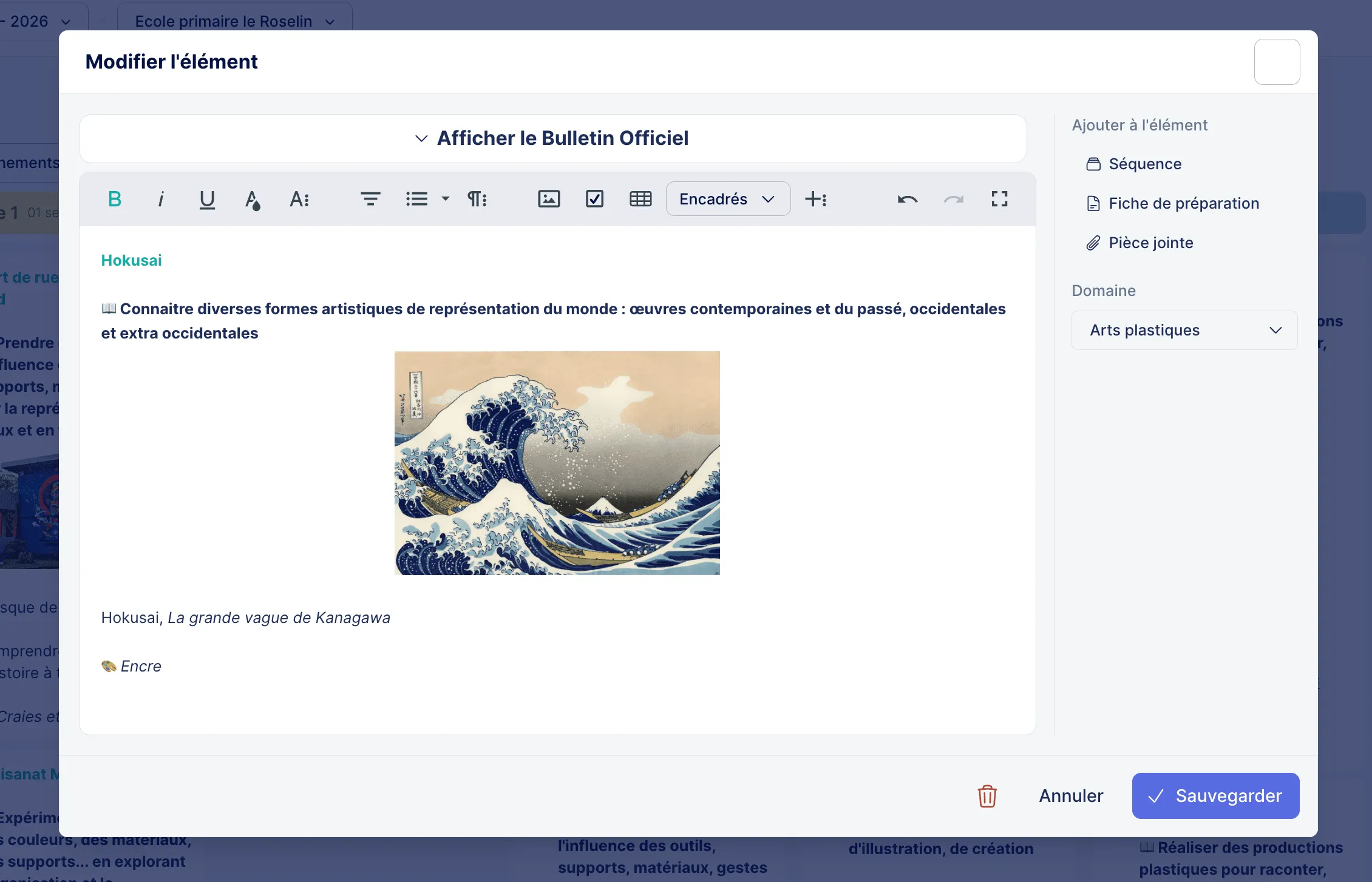 Aperçu de la vue pour modifier un élément de programmation