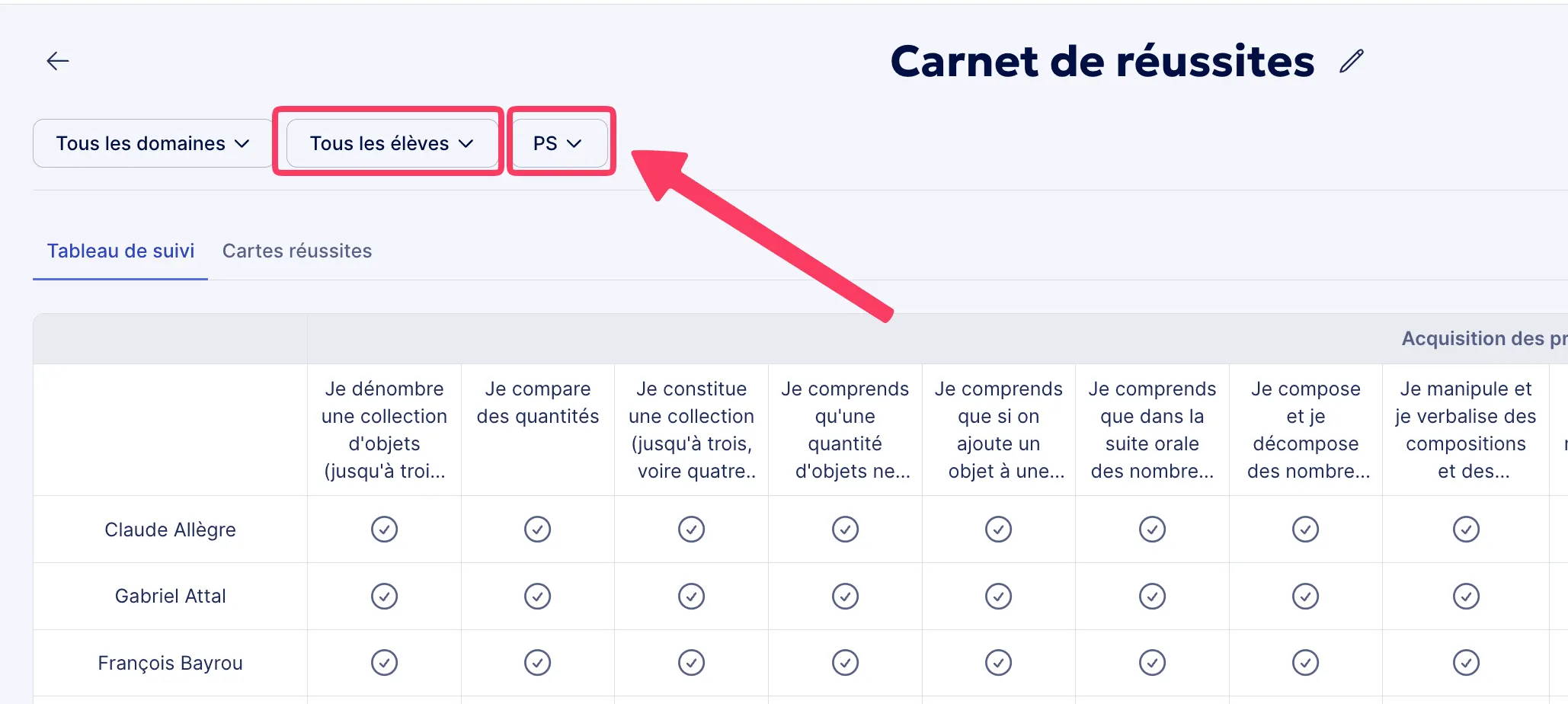 Filtrer vue du suivi des réussites par élèves ou classe