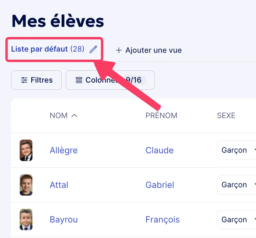 Nombre d'élèves sur la liste en cours