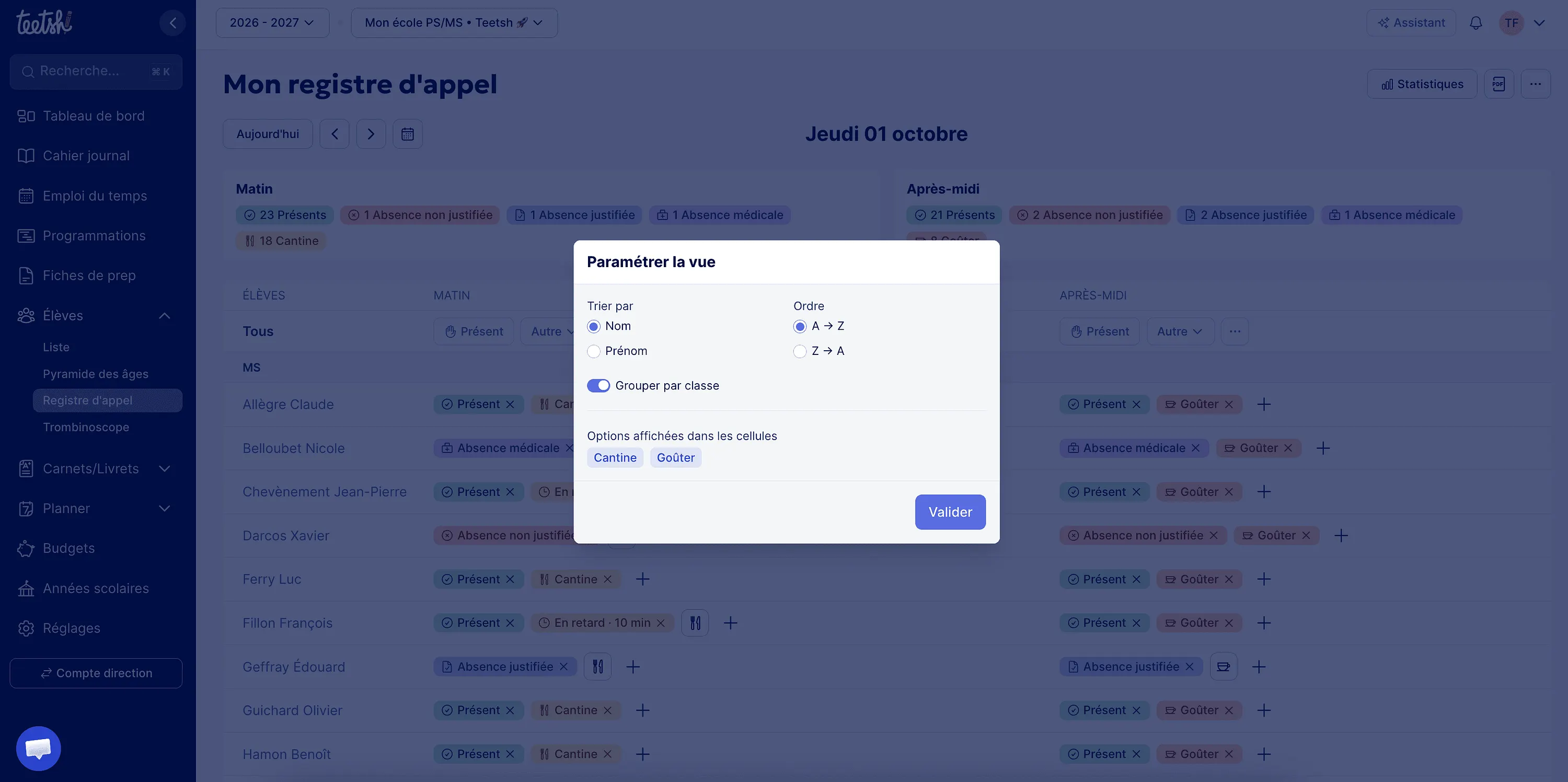 Paramétrer la vue du registre d'appel