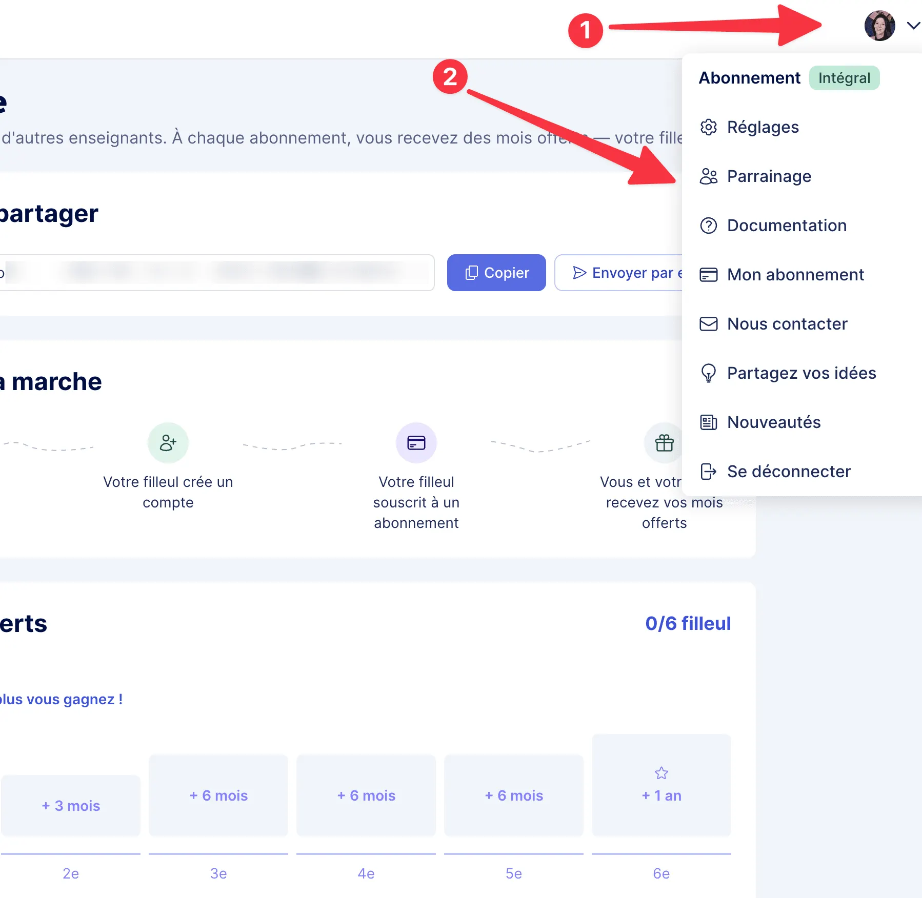 Menu utilisateur déroulé sur Parrainage