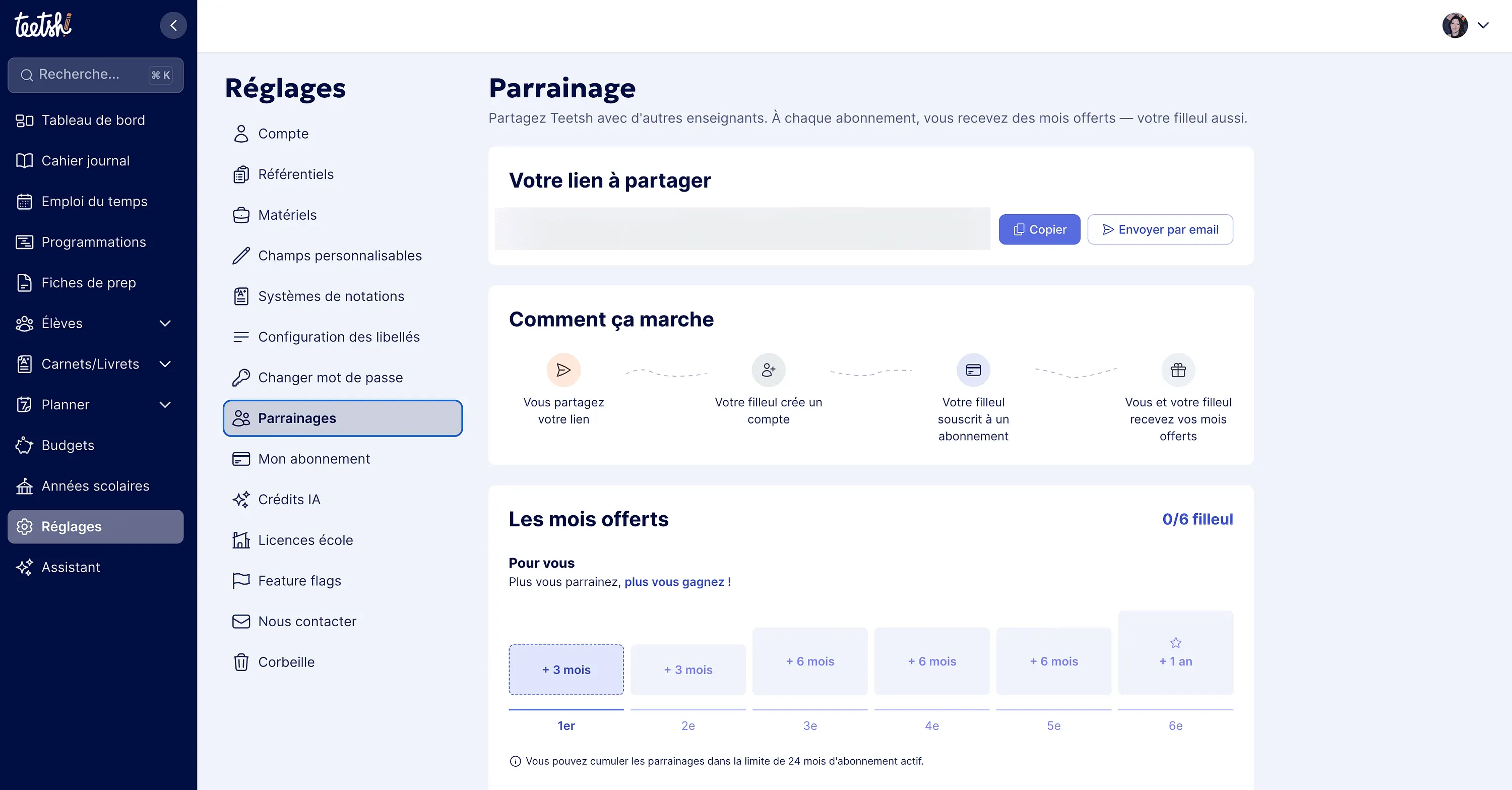 Page Parrainage Teetsh montrant le lien à partager et les 6 paliers de mois offerts
