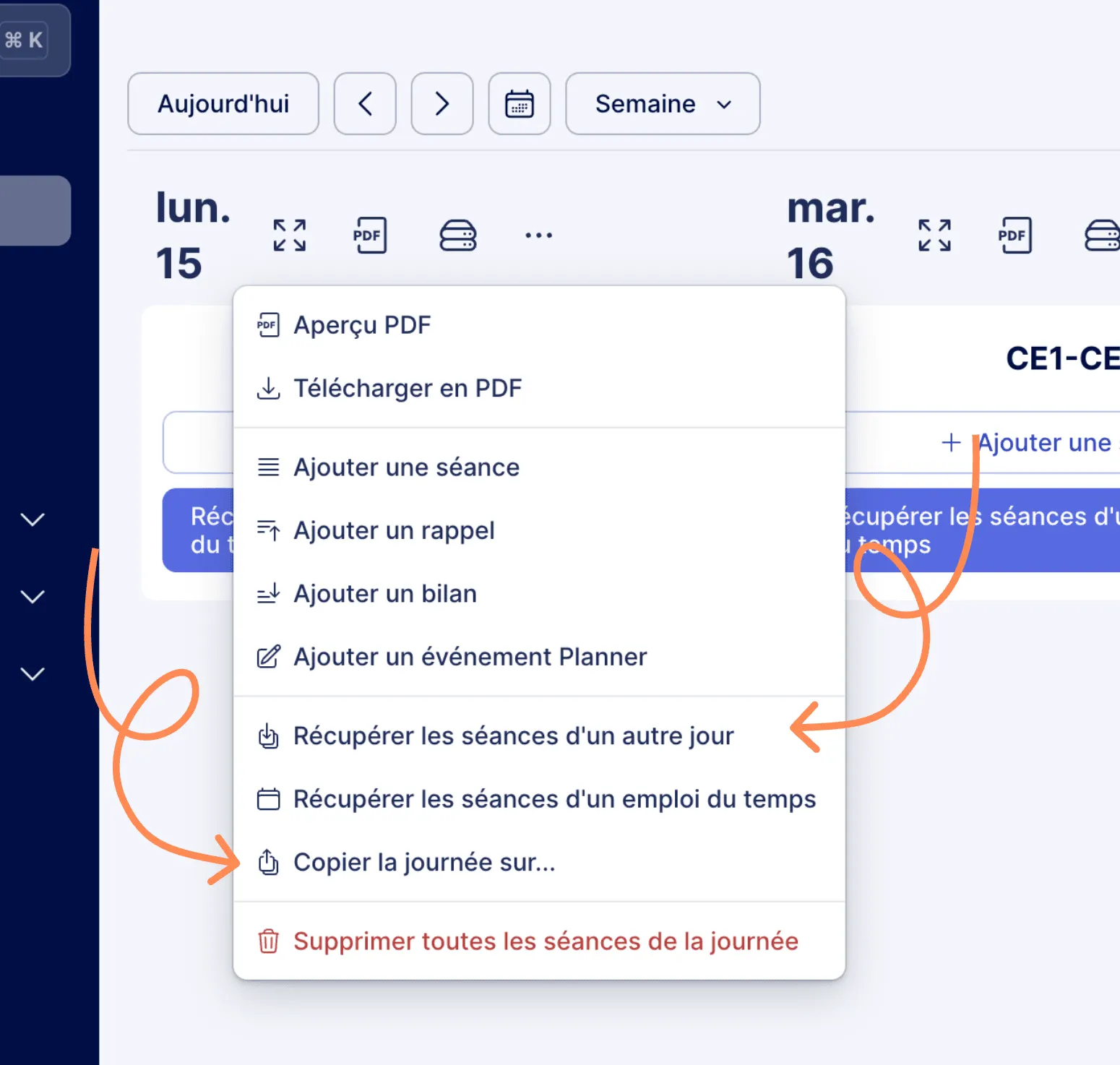 Aperçu du menu pour copier ou récupérer une journée dans le cahier journal