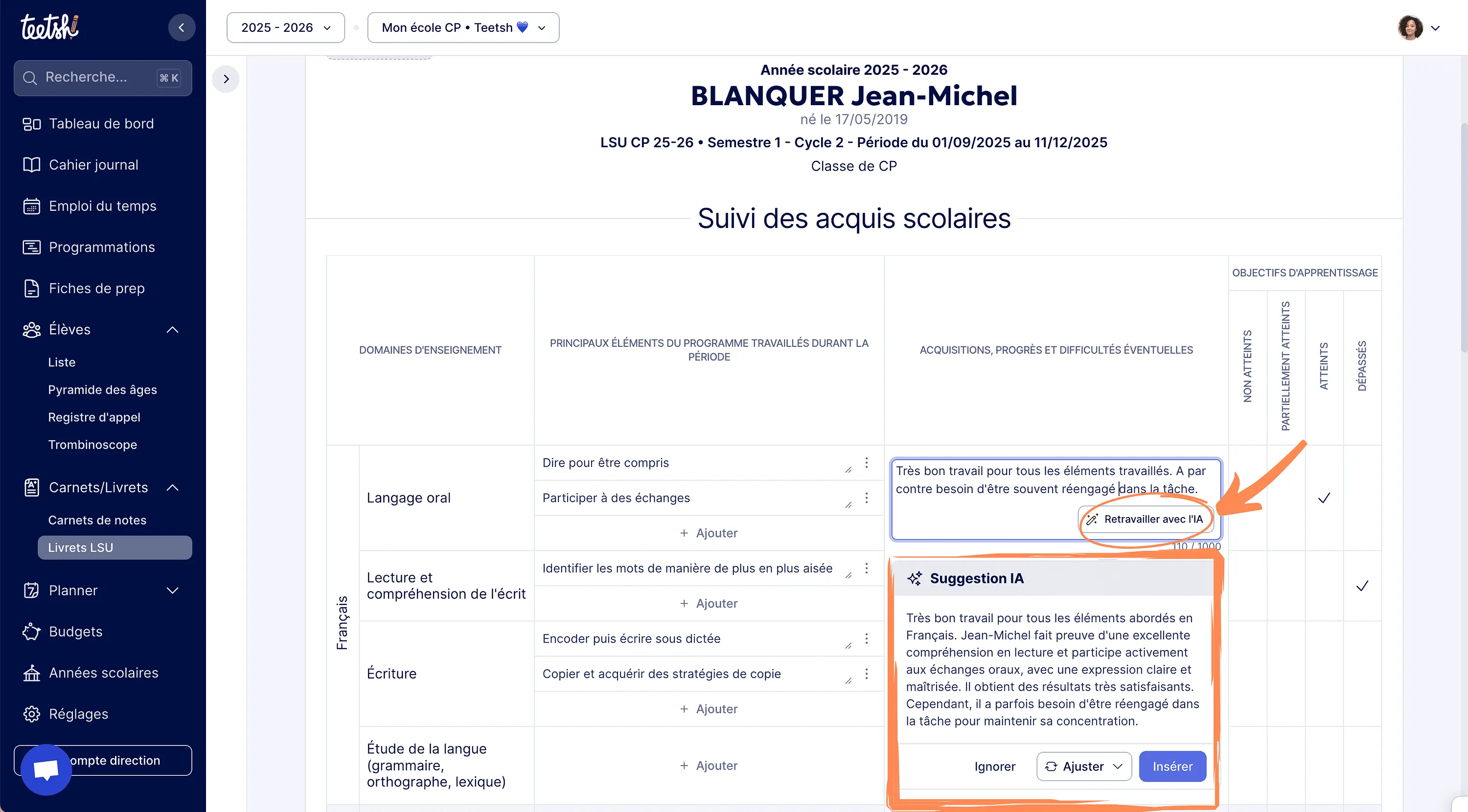 Aperçu Exemple d’utilisation de l’IA dans le module Livrets LSU