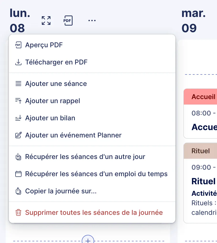 Menu d'actions sur une journée du cahier journal