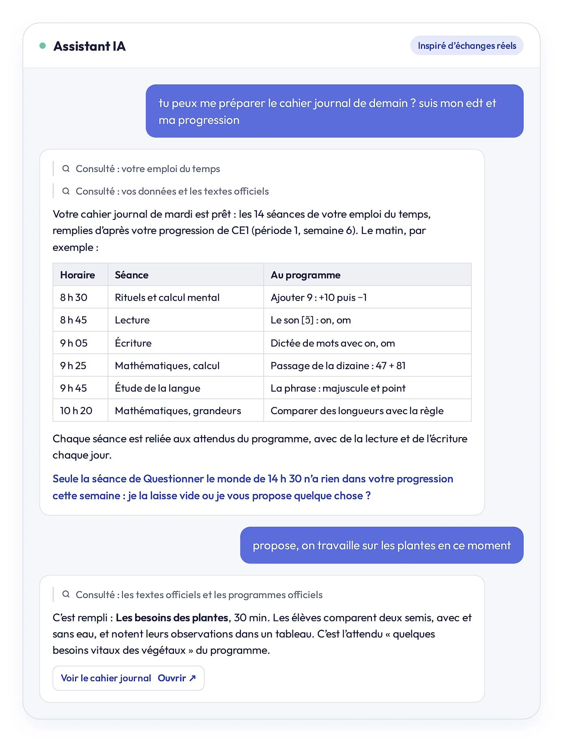 Aperçu Utilisation IA Teetsh pour le cahier journal