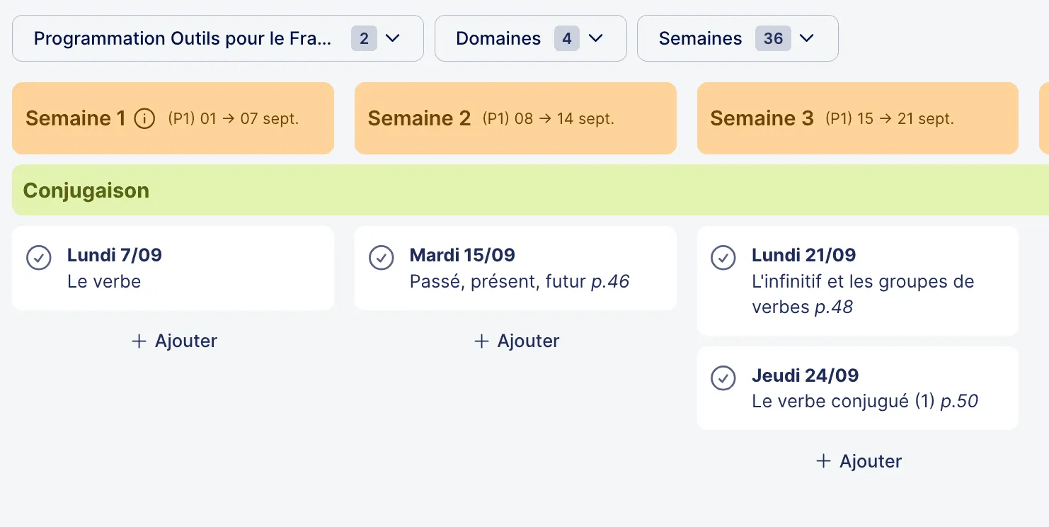 vue par semaine des progressions dans Teetsh